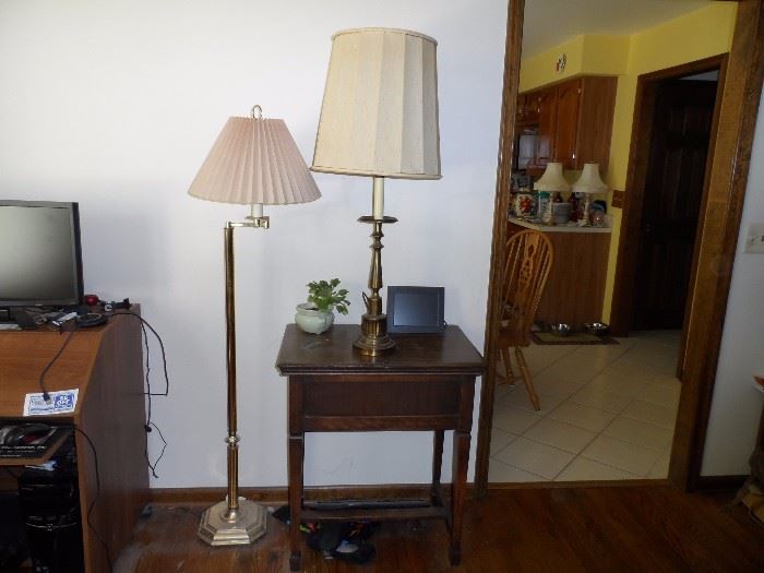 floor lamp, Stiffel lamps (2 available -one not shown), sewing machine table with pop up Singer sewing machine