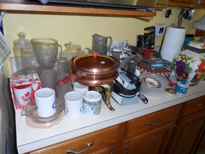 assorted items including a copper chaffing dish, assorted coffee mugs including some DISNEY, vintage pitchers and steam iron
