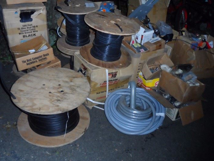 Thousands of feet of RG6/u, CAT 5, Single coax with messenger, double coax with messenger, conduit. Hundreds of installation supplies including ground blocks, connectors, jumper cables, sound and video cables, etc.