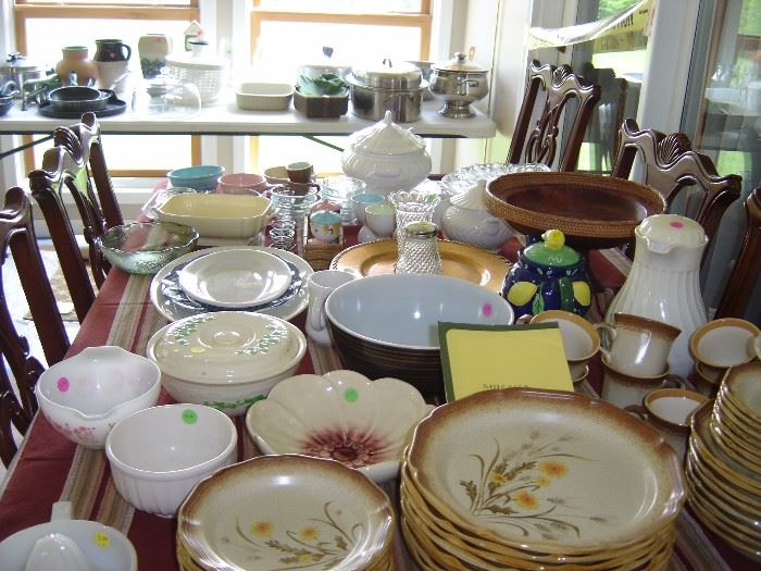 Assorted china, pottery,bowls, iron stone soup tureen, gravy boat, large stainless steel bowls, Colorado pottery vase, 