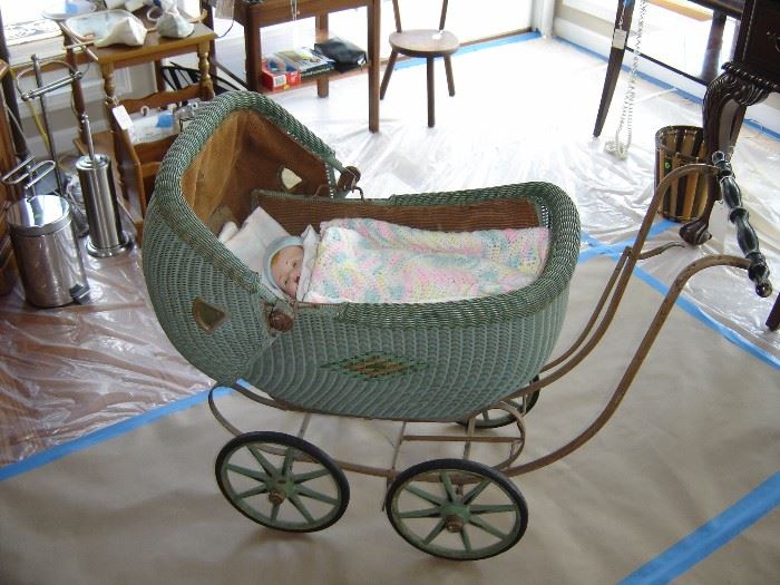 Vintage doll buggy, large.  Composition doll restored, blankers