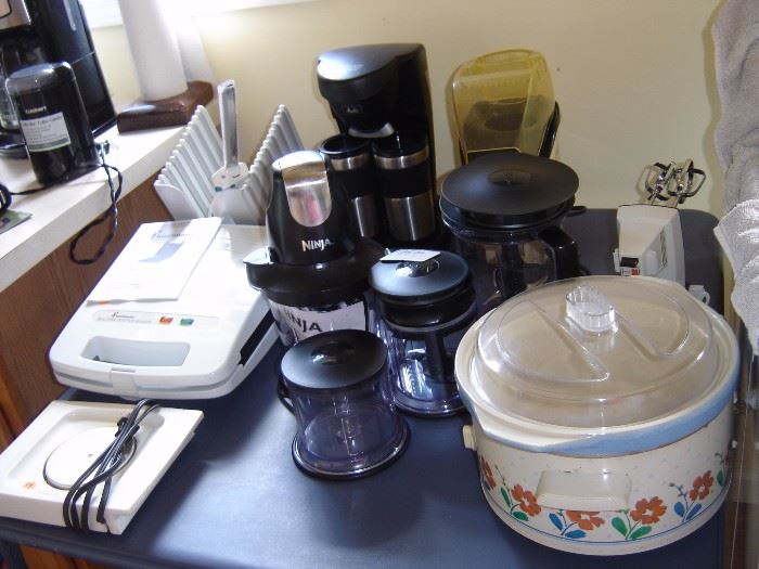 assorted small appliances, Ninja set, waffle maker, coffee makers, crock pot