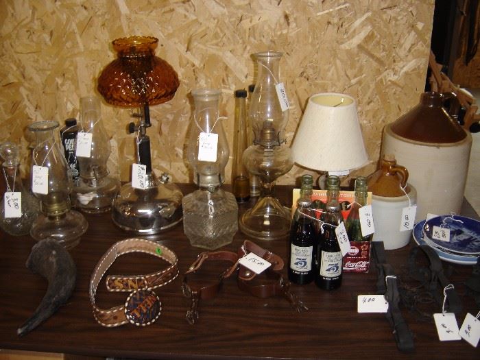 Antique oil lamps, coco cola collectibles, jugs, 