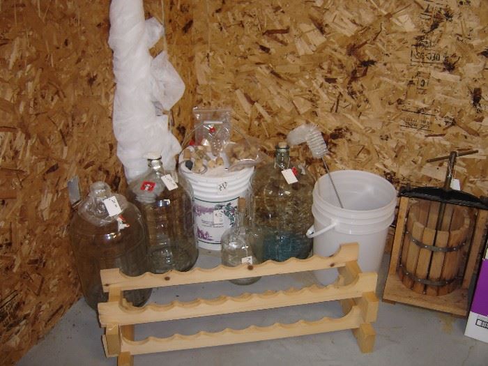 Wine making, brewing equipment, carboys, apple press