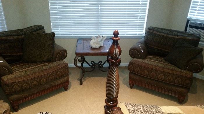 Wood and iron end table has a matching sofa table and coffee table too. Two Matching chairs that also match the two sofa's for sale too.  