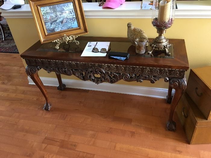 Carved wood Glass Console table 