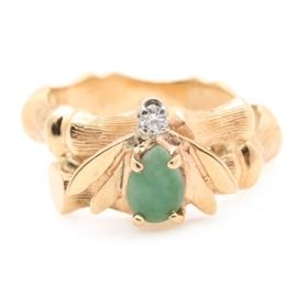 14K Yellow Gold Jadeite and Diamond Bee Bamboo Ring: A 14K yellow gold jadeite and diamond bee bamboo ring. The shank of this ring is a stylized bamboo stalk crowned with a bee insect made of jadeite and a round brilliant cut diamond head.