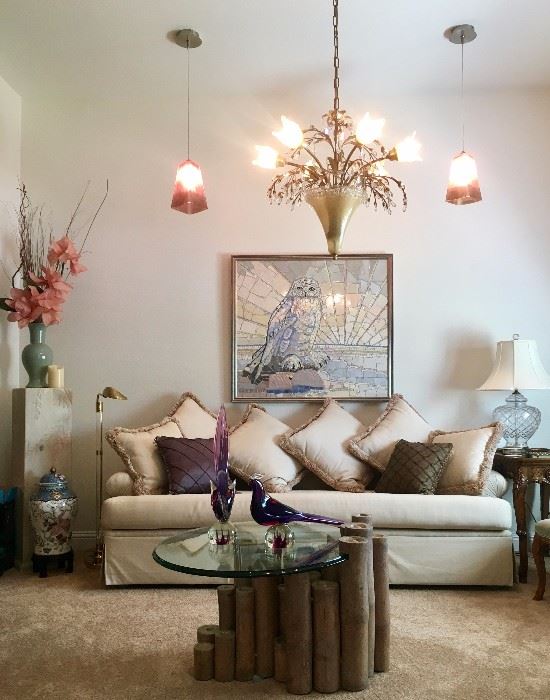 Marge Carson Sofa, Murano Chandelier, Mosaic Owl, Pendant Lights - All priced to sell!