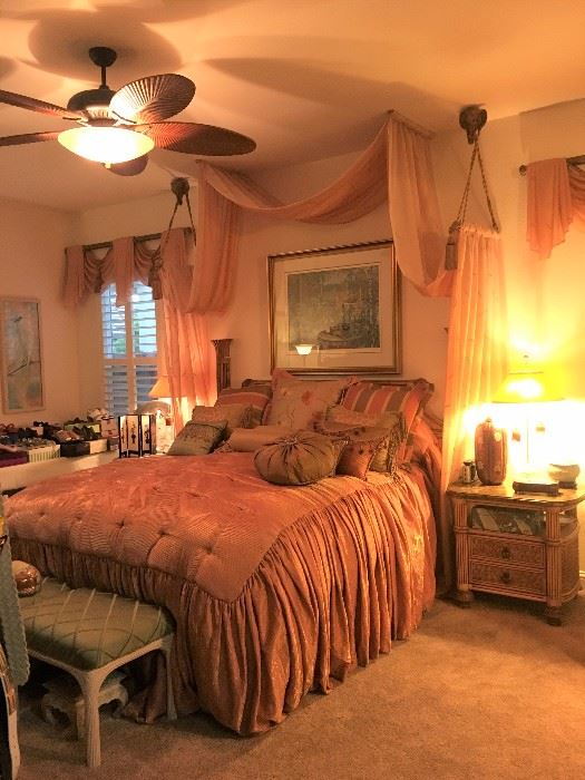 Waterfall Bedspread, Cal King Sleep Number, Marble Top Nightstnds, All Drapes and Ceiling Fan to be sold!