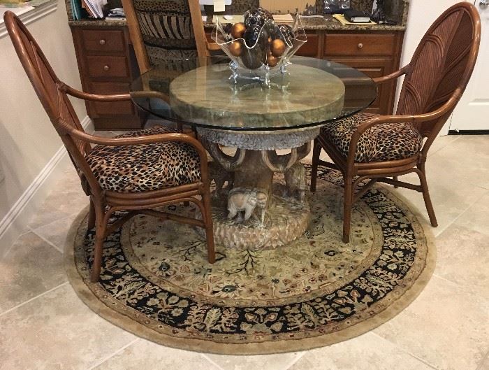 Carved Wood Elephant Tree Table, 6' Round Rug, Animal Print Upholstered Oak Desk Chair