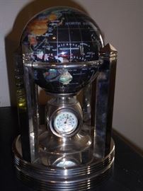 Heavy blue globe that turns w/3 time zones tortoise  shell clocks & thermometer that also turn