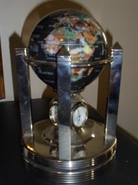 Heavy blue globe that turns w/3 time zones tortoise  shell clocks & thermometer that also turn