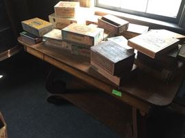 Tiger Oak Library Table, cigar boxes - wood, paper, metal