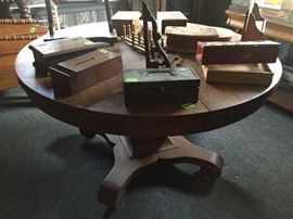 Tiger Oak DR table, wood boxes of various sizes, corner shelf