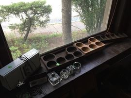 Wood coin trays, ink wells