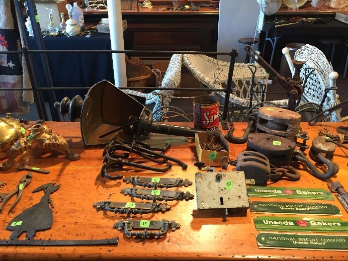 hardware, advertising tin pieces, block and tackle, nails, hooks, etc.
