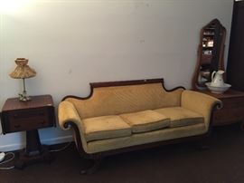 Victorian sofa, empire side table, wash stand with mirror