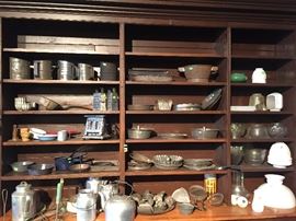 Antique toaster, sifters, coffee pots, bake ware, glass light bulb globes 