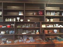 glass bowls, sugar dispensors, cream & sugars, salt & peppers