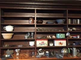 Canisters, bowls, tin cake cover, glass juicers, utensils