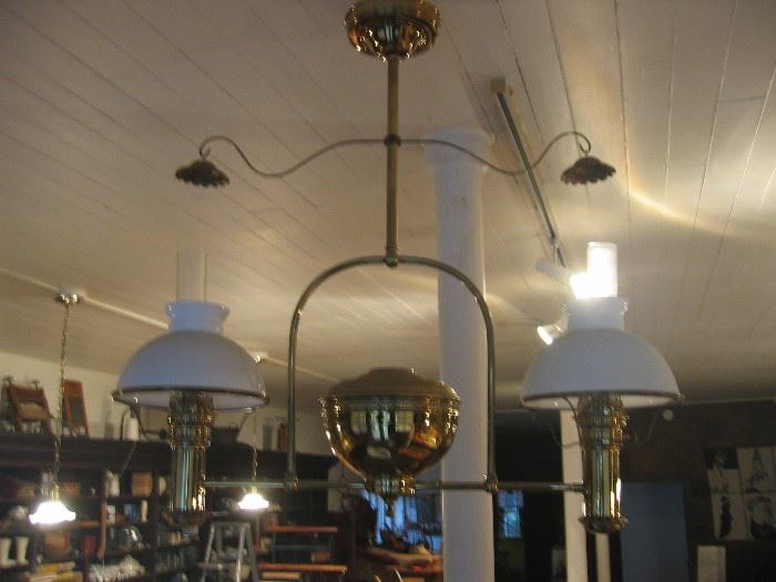 Oil ceiling lamp - not electrified, brass with globes and chimneys
