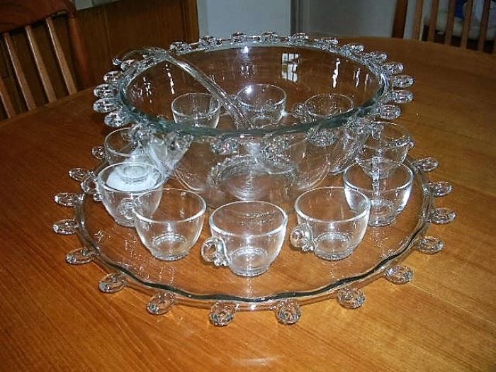 Heisey "Lariat" punch bowl, under plate, cups and ladle