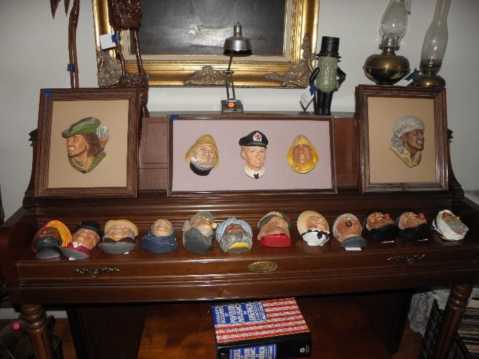 Bosson heads, brass bottom oil lamps, iron Mr. Peanut, wood root carvings.  PIANO IS NOT FOR SALE.