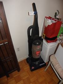 Bissell upright vac, hamper, bags of office supplies