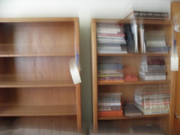 Tall book shelves, hard and softback books.