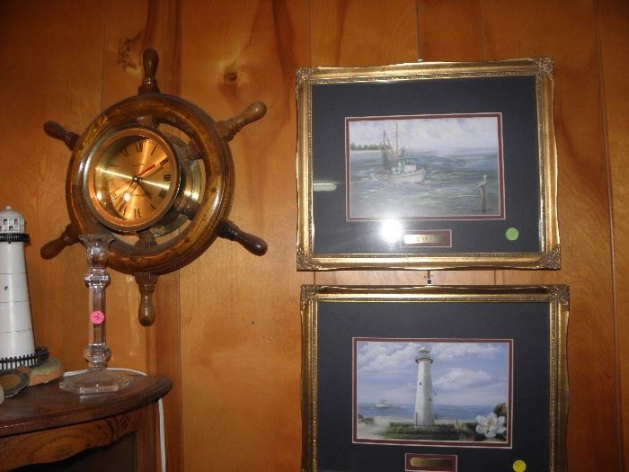 Nautical wall clock and framed nautical art