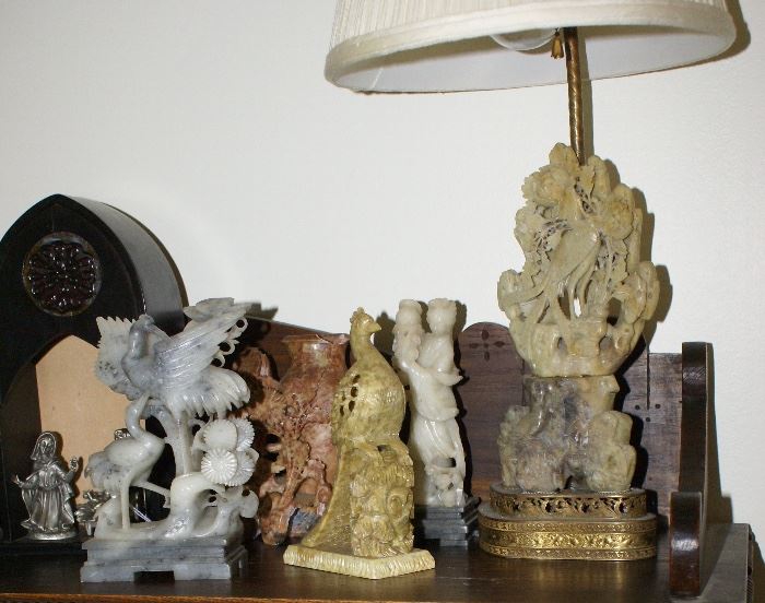 Assortment of Carved Soap Stone Figures & Table Lamp 