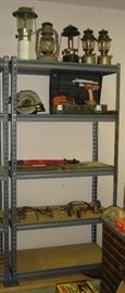 Lanterns, tools, garage shelves