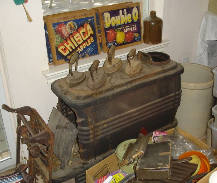 Antique stove, irons