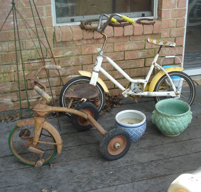Tricycle, bicycle, planters