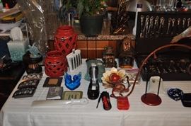 Outdoor hanging candleholders, nightlights, miscellaneous, balancing bird, stainless steel flatware in cutlery box (SOME SOLD)