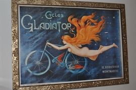 George Massias “Cycles Gladiator” professionally framed poster depicting 1895 nude woman on French flying bicycle
