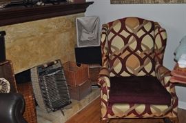 Assorted baskets, wingback chair professionally upholstered