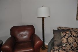Leather (?) recliner, floor lamp with brass square stem and base and linen shade, floral couch and accent pillows professionally upholstered by Greenbaum (disclaimer: comfortable, beautiful, comfortable, excellent condition, comfortable, very sturdy; did we say comfortable?  Comfortable sleeper sofa)
