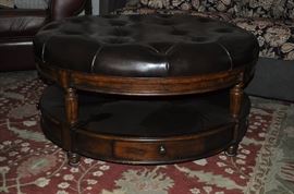 Leather tufted large round “cocktail” ottoman with drawers from Greenbaum (Fairfield Chair Company USA)