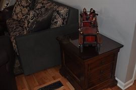 Decorative vintage look large firetruck with firemen, glass-topped wood cabinet with 3 drawers (SOME SOLD)