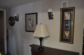 Mirror, variety of prints, table lamp, Hekman Furniture Company inlaid mahogany console cabinet