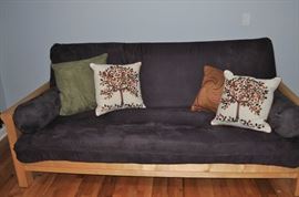 Futon high-end heavy wood slatted multi-position with microfiber covered  mattress, a few of MANY decorative throw pillows