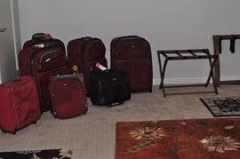 Samsonite luggage, folding wood luggage racks, assorted area rugs and runners (SOME SOLD)