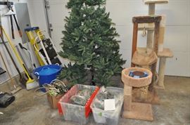 Assorted tools, ladders, lighted Christmas tree, multiple strings of Christmas lights, several cat "trees", assorted cat supplies (SOME SOLD)