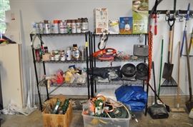 Garage items, spray paint, garden sprayers, heaters, gardening tools, more extension cords than a hardware store, ClosetMaid shelving (SOME SOLD)