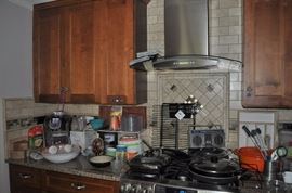 Keurig, serving ware, assorted kitchenware, various skillets, Le Creuset doufeu cousances orange heavy lidded casserole, racks (SOME SOLD)