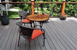 Bistro table with 2 woven chairs (2 sets available), assorted pots and garden decor