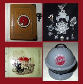 Antique Metal Bank Book Bank with Key, Swarovski Crystal with Boxes, Vintage Photo Album and Tiny Hoover Tape Measure 