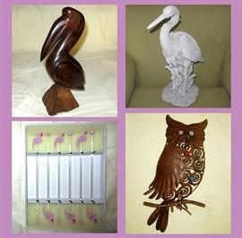 Beautifully Carved Wooden Pelican, Resin Heron, Glass Flamingo Stir Sticks and Metal Owl  