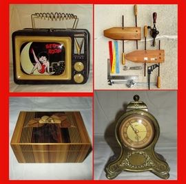 Betty Boop Cute Lunch Box, Vintage Wood Clamps, Cools Tools, Small Wooden Box and Clock Music Box 
